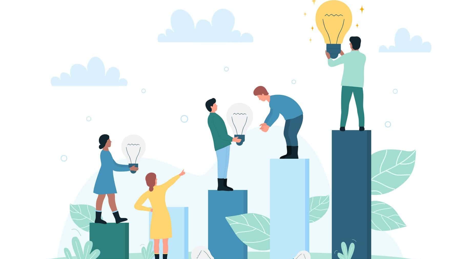 idea development, success solutions and strategy, tiny business people holding light bulb
